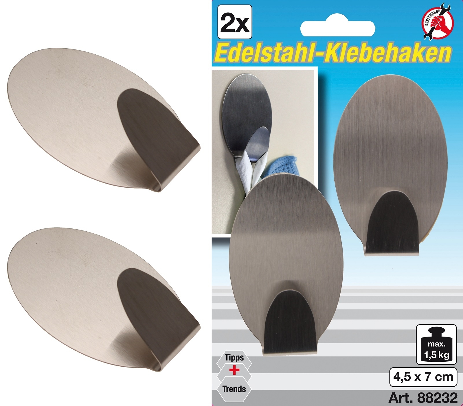 Edelstahl-Klebehaken | 45 x 70 mm | 1,5 kg | 2-tlg. - BGS 88232