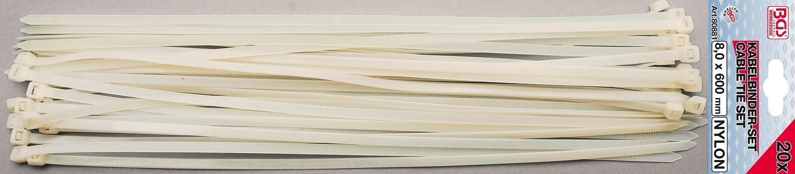 Kabelbinder-Sortiment | weiß | 8,0 x 600 mm | 20-tlg. - BGS 80881