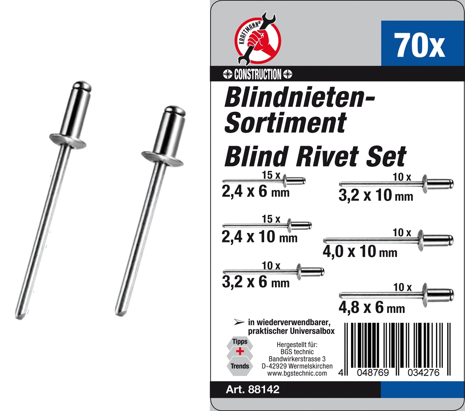 Blindnieten-Sortiment | Ø 2,4 - 4,8 mm | 70-tlg. - BGS 88142