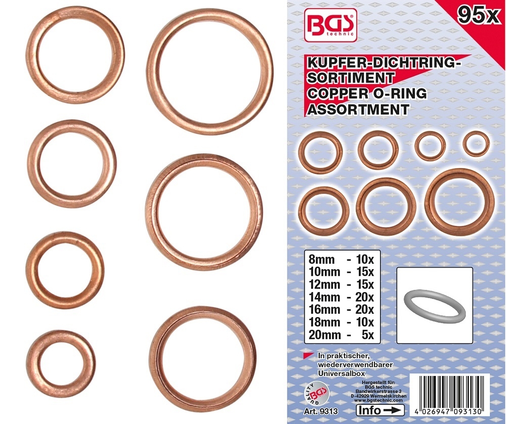 O-Ring-Sortiment | Kupfer | Ø 6 - 20 mm | 95-tlg. - BGS 9313
