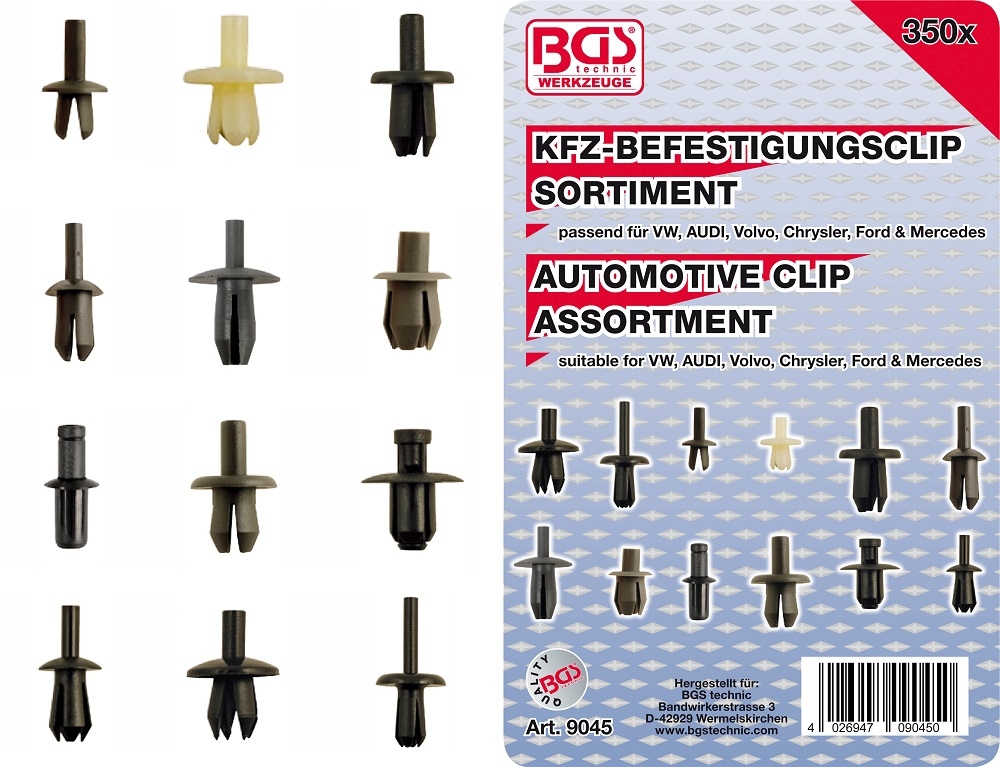 Kfz-Befestigungsclip-Sortiment für VW, Audi, Volvo, Chrysler, Ford, Mercedes-Benz | 350-tlg. - BGS 9045